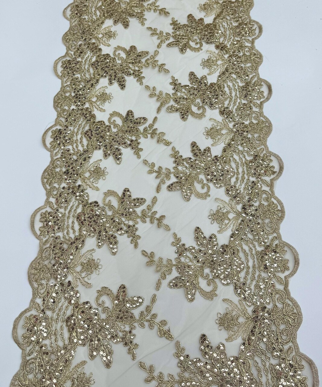 Champagne Floral Embroidered Lace Table Runner by the Yard, 14" Wide Sequin Mesh Lace Trim with Scalloped Edges